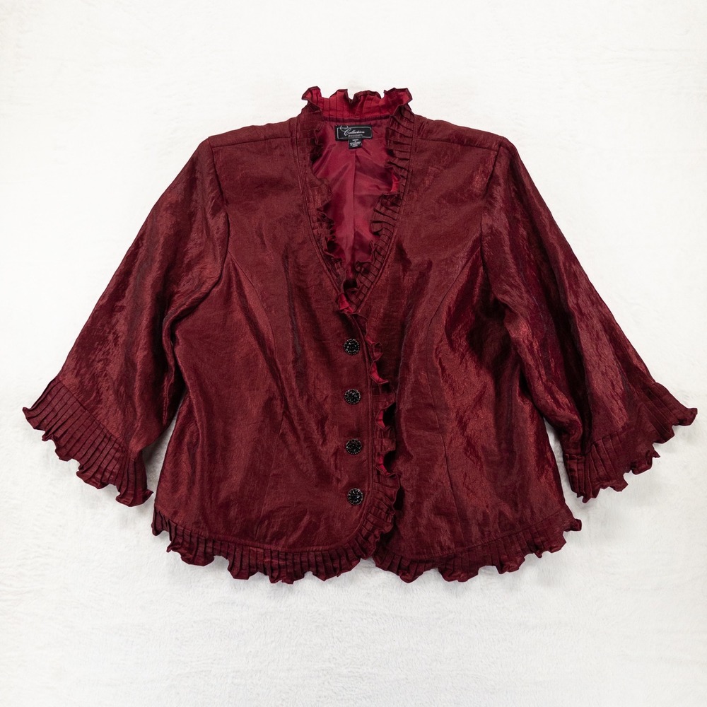 Dressbarn Womens Jacket 16 Burgundy Red Ruffle Evening Shimmer Holiday Party